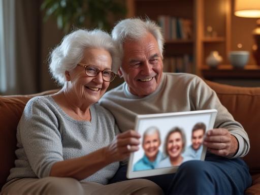 Un couple de seniors faisant un appel vidéo avec leur famille sur une tablette.