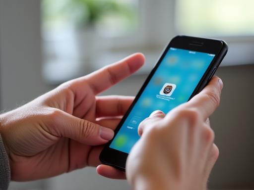 Des mains de senior tenant un smartphone et pointant vers une application.