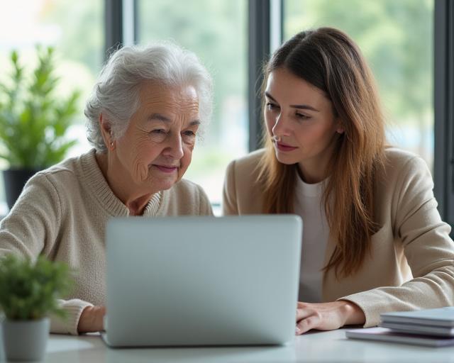 Une formatrice montrant une fonctionnalité sur un ordinateur portable à une senior dans une ambiance calme.